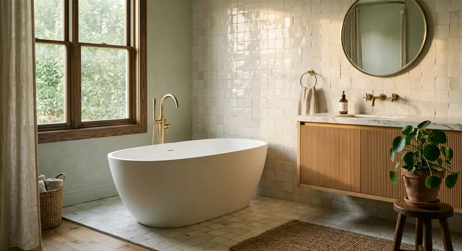 A remodeled bathroom with a freestanding tub and cream tile