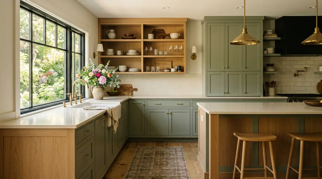 A renovated kitchen with sage green cabinets and oak shelving